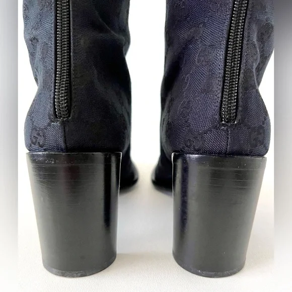 GUCCI || Vintage Y2K GG Monogram Canvas Square Toe Block Heel Knee High Boots - Picture 12 of 16